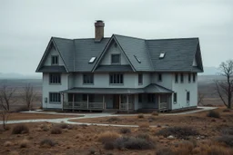 photo from high realistic strange giant asymmetrical weird big house with wide and asymmetrical unique rooftop, muted color, minimalism, random utopistic background, landscape, detailed, sharp focus, cinematic