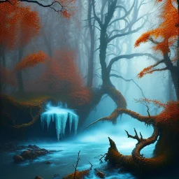 depth of field,twisted nature troll, spray painted fantasy art, book cover ,autumn icy water