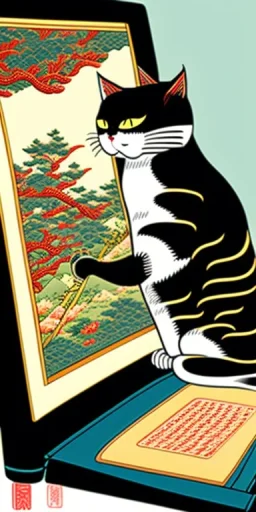 ukiyo-e style painting of a cat typing on a computer