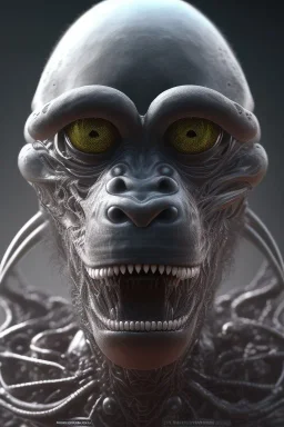 ape alien, head,8 eyes, evil, 8k, with hairs, finely detailed, photo realistic, HR Giger style