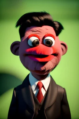 Waist up muppet Portrait, Kim Jong-un muppet doll, black suit, photo studio, red background, unreal engine 5, concept art, art station, god lights, ray tracing, RTX, lumen lighting, ultra detail, volumetric lighting, 3d.