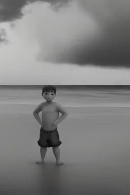 desaturated oil painting of boy on beach, old clothes, dark storm clouds overhead, gloomy, bleak, little fires