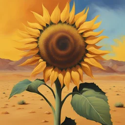 An abstract painting of a sunflower in the middle of a desert with bright color, contrasts and high resolution.