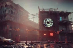 galactic, scaffolding, rusted clock, rusted cogwheel, cyberpunk, cinematic, cinema 4d render, high detail