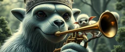 close up on member of trumpet jazz giant polar alien sloth gremlin sheep flock climbing trees