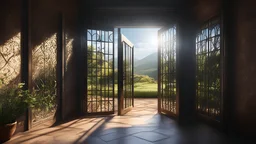 Interior of a dark dismal prison cell, looking out through an open cell door into gardens and distant hills in bright sunshine and freedom. Exquisite composition, beautiful detailed intricate detailed octane render, 8k artistic photography, photorealistic, perfect light, chiaroscuro, award-winning photograph, masterpiece