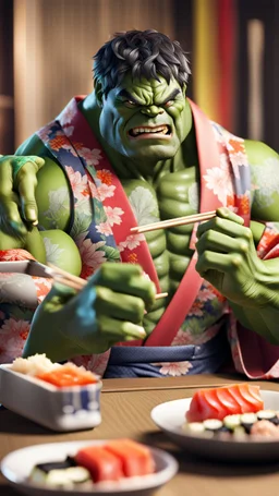 a hulk eating sushi with chopsticks, wearing a colorful kimono, 8k