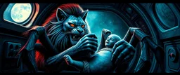 gritty air brush 3d with pen outline, vampire space spider lion cat holding a human in its grip, pin hole cam in doll house space ship