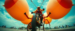 pinhole cam, weird geometry sacred, airbrush 3d rendering, big tics and an acrobatic cyberpunk robot The ninja priest Mantis ballooner, huge mech 🦗🥊 A bizarre upright flying hydraulic bicycle-creature, front wheel replaced by articulated mantis-like arms carrying enormous inflatable pillows, looking far too serious about complying with official pillow-fighting regulations.