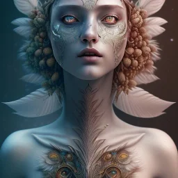 karlan, plant metal, feathers, Dryad, fae, sidhe, ominous, nature, plants, wildflower background, face tattoo, dnd character portrait, intricate, oil on canvas, masterpiece, expert, insanely detailed, 4k resolution, cute big circular reflective eyes, cinematic smooth, intricate detail , soft smooth lighting, soft pastel colors, painted Renaissance style