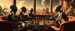 aliens playing serious chess in lounge on beautiful lush planet