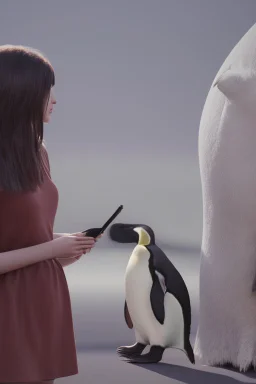 young woman talk to a penguin in coffee-shop