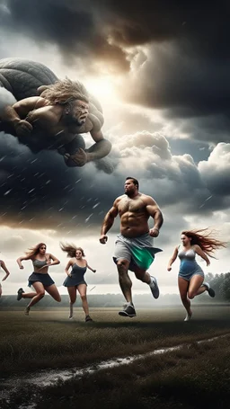 Giant man with wings kidnapped and Cary some women other women are running away from the giant hi resolution picture with cloudy storms and lightning