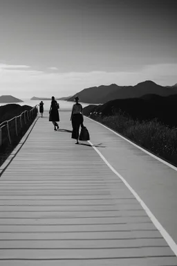 a group of woman walking along a path that winds towards the top of a mountain, it is summer, the sea in the background photography taken with a Leica camera and 50mm lens, real photography in black and white, nostalgia