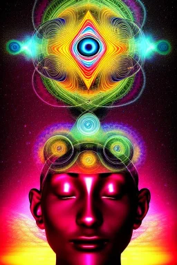 meditation, third eye, universe, fourth dimension, fractal, realistic, 8k, high quality, extreme detail, symmetrical, chakra, human