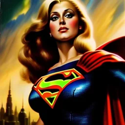 portrait oil on canvas, beautiful busty SuperGirl, green big eyes, ,minimal armor,comic book cover, mystical colors,insanely detailed,realistic,intrincate detail, 16k resolution, masterpiece,Frank Frazetta,Alex Horley, Simon Bisley