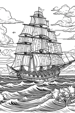 Outline art, no shading, ship full body on the sea, cartoon style, black and white, low detail, --ar 9:11