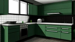 kitchen with celadon and dark red furniture, on the left side by the window from the bottom up, a microwave and an oven installed in the furniture, and on the right side and next to it an induction hob and a cooker hood above it, on the right side there is a sink and a dishwasher underneath it