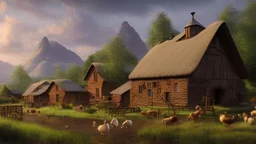 Thatched Labrador farmhouse, farmyard, hay store, farm buildings, duck pond, rustic cart and horse, and iron ore mines on the mountains in the far distance, highly detailed, realistic, sunshine, RTX