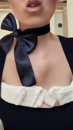 a girl wearing a black bow in her neck