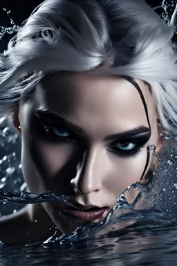 A beautiful Goth girl, dark black makeup, dark under eyes, white hair, action image of her braking water surface, freedom, dramatic, highly detailed, 8k, abstract