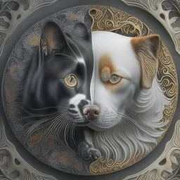 Cat and dog, yin-Yang, hyper detailed, realism, realism vibe, fractals, intricated details, hyper defined, photorealisticù