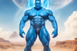 A majestic full-body portrait of a powerful Cosmic Spirit manifested as a large, tall man with vibrant glowing blue skin. He has a strong, muscular and imposing yet graceful physique. His face has soft, wise and deeply loving features with a gentle, sweet gaze looking directly at the viewer. Warm, welcoming and embracing posture with arms slightly open. He is standing immersed in magical luminous blue water that sparkles with brilliant light rays and reflections. The background is a breathtaking
