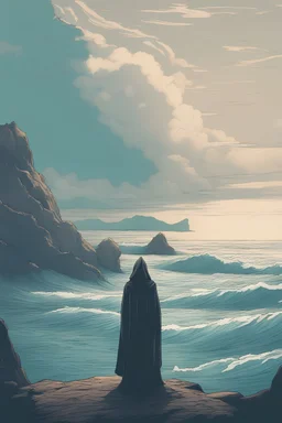 dnd styled background, ocean background, hooded figure overlooking the sea facing backward