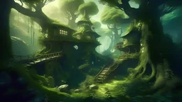 a medium quality photo of futuristic homes embedded within gigantic majestic trees in a massive ancient forest, architectural photography, blend of nature and technology, surreal, aerial view, concept design, magical ambiance, surrealism, digital matte painting, [ethereal], sci-fi, eco-friendly, fantasy, moss-covered trees, vibrant colors