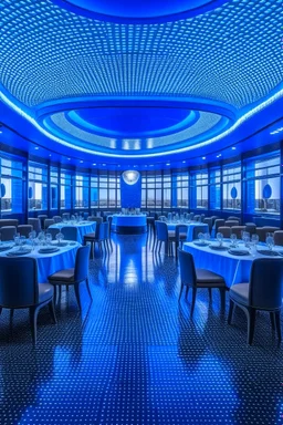 A restaurant with the outer shape of the walls in blue and a white floor, and it contains one table in the middle of the restaurant, and the walls are oval in shape, containing 30 chairs, and the walls are made of glass