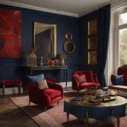 Living room in midnight blue, red and gold. large window with curtains