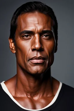 45 year old man with Dark tanned skin. dark brown hair which hangs at his shoulders, clean shaven. creepy looking