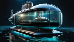 An unique stunning modern futuristic glass and metal submarine in the ocean, with a large body of water surrounding it. The submarine bottom positioned in the center of the frame, providing a unique perspective on this streamlined high-techstructure underwater, high detalied, shapr focus, sci-fi mood