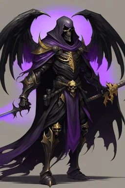 grim reaper knight hero with black wings and cool black plate armor trimmed in gold and purple with a flowing black cape