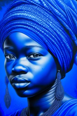 A hyped realistic blue ball point pen drawing of an African woman