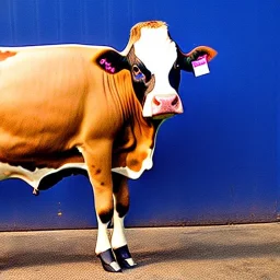 A cow wearing a pantsuit