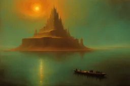 scifi castle floating far out over sea of mercury, by Zdzisław Beksiński
