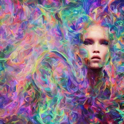 Sasha Luss with a VR headset into generative art chrome water and rainbow sky