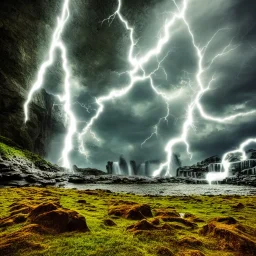 field with rocks, trees and waterfall, cloudy with lightning