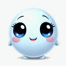A cute, round ball character with big, adorable eyes and a sweet, friendly smile. The ball should have a smooth, glossy surface with a slight reflection, making it look soft and appealing. The eyes should be expressive, with a slight sparkle to give it a lively personality. The character should have small, stubby, and slightly flexible arms that add to its charm. The main body color should be #B3C9FF (soft pastel blue), with subtle shading and highlights to add depth.
