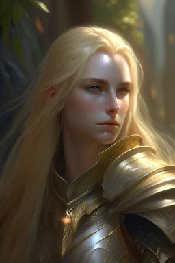 Closeup portrait of an elf with long blond hair, fantasy concept art, intricate details, detailed armor, majestic background, art by wlop, Greg Rutkowski, digital painting, smooth lighting, looking towards the viewer.