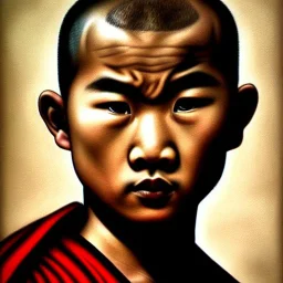 Portrait d'un jeune moine Shaolin, sombre, réaliste, très détaillé.