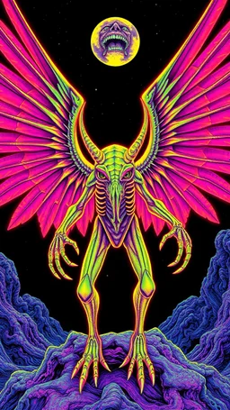 Winged Dingus in the style of Giger and Escher in Psychedelic Fluorescent Colors looking like a Record Cover