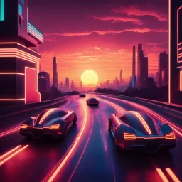 A cinematic photo of Sunset Drive, bathed in warm, neon-lit hues, evoking the nostalgia of Retrowave and 8Bit eras, with bold, geometric shapes and vibrant, electric colors, set against a backdrop of a fiery, synth-heavy sunset, with sleek, futuristic cars speeding by, leaving trails of light, amidst a futuristic cityscape, infused with a sense of retro-futurism, and a hint of digital glitch, with bold, contrasting highlights and deep, rich shadows, capturing the essence of Synthwave's retro-uto