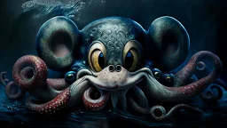 kraken octopus mickey mouse hybrid, photorealism, horror, evil, hungry, high resolution,