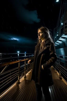 The camera captures from front ,1girl official clothing standing on deck of a luxury huge ship with several floors looking at camera in night on stormy ocean. The dynamic lighting in the stormy sky.