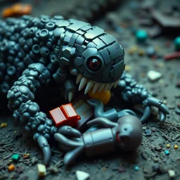 haunting composition of a Lego made protozoan monster come to life laying down while her lego brood suckle for nourishment, uncanny, photography, faded colors, background is a creepy purgatoral legoland,