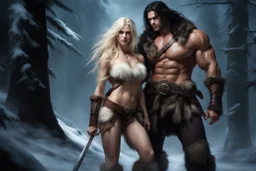 Giant muscular male mountain man with long dark hair with a petit female long blonde hair, dark fantasy, snowy forest