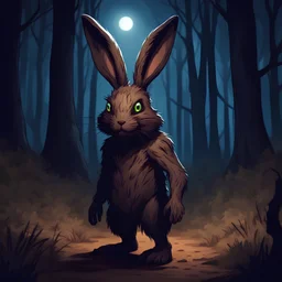 Bipedal creature resembling a rabbit with dark brown bark-like skin and fur with a extra eye on forehead in a forest at night in cell shade art style