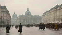 Wide cinematic view of Vienna in 1913, elegant imperial architecture and orderly boulevards under a pale, overcast sky, finely dressed figures walking with measured detachment, banners and official buildings suggesting bureaucracy and ceremony, atmosphere of intellectual tension and quiet stagnation, everything precise yet emotionally distant, muted colors, soft light, subtle haze, modernist realism, restrained, ironic tone, sense of a world perfectly organized and inwardly hollow,